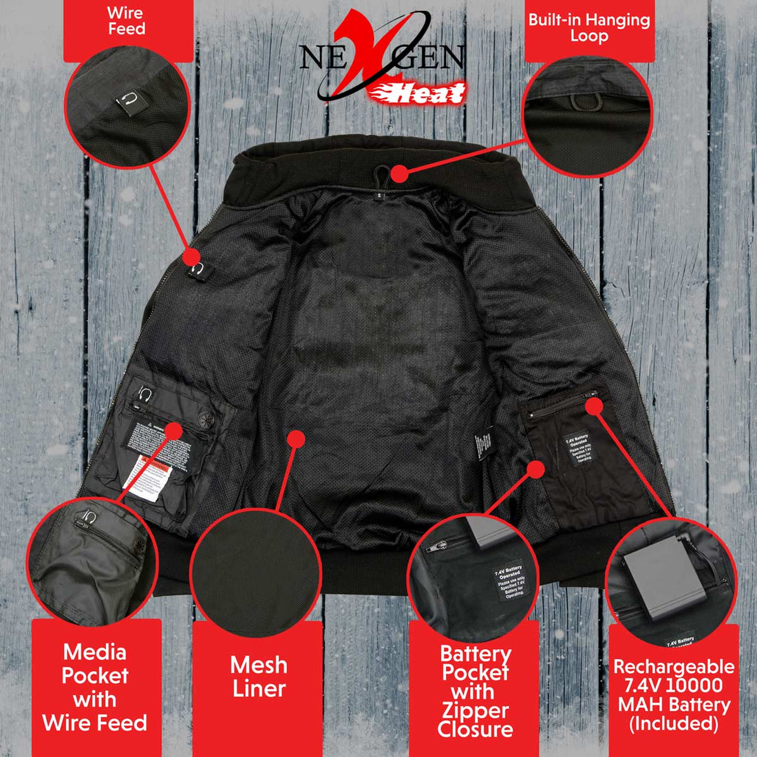 NexGen Heat MPM1713SET Men's Fiery Black Heated Sweatshirt Jacket Hoodie for Winter w/Battery Pack