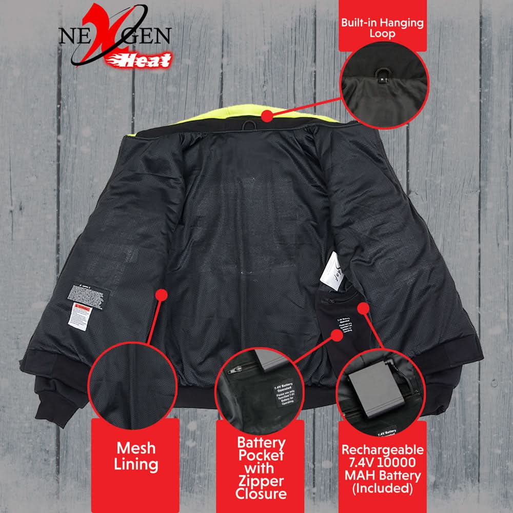 Nexgen Heat MPM1773SET Men's Heated High Visibility Work Hoodie, Neon Green Hi Vis Reflective Hoodie w/ Battery