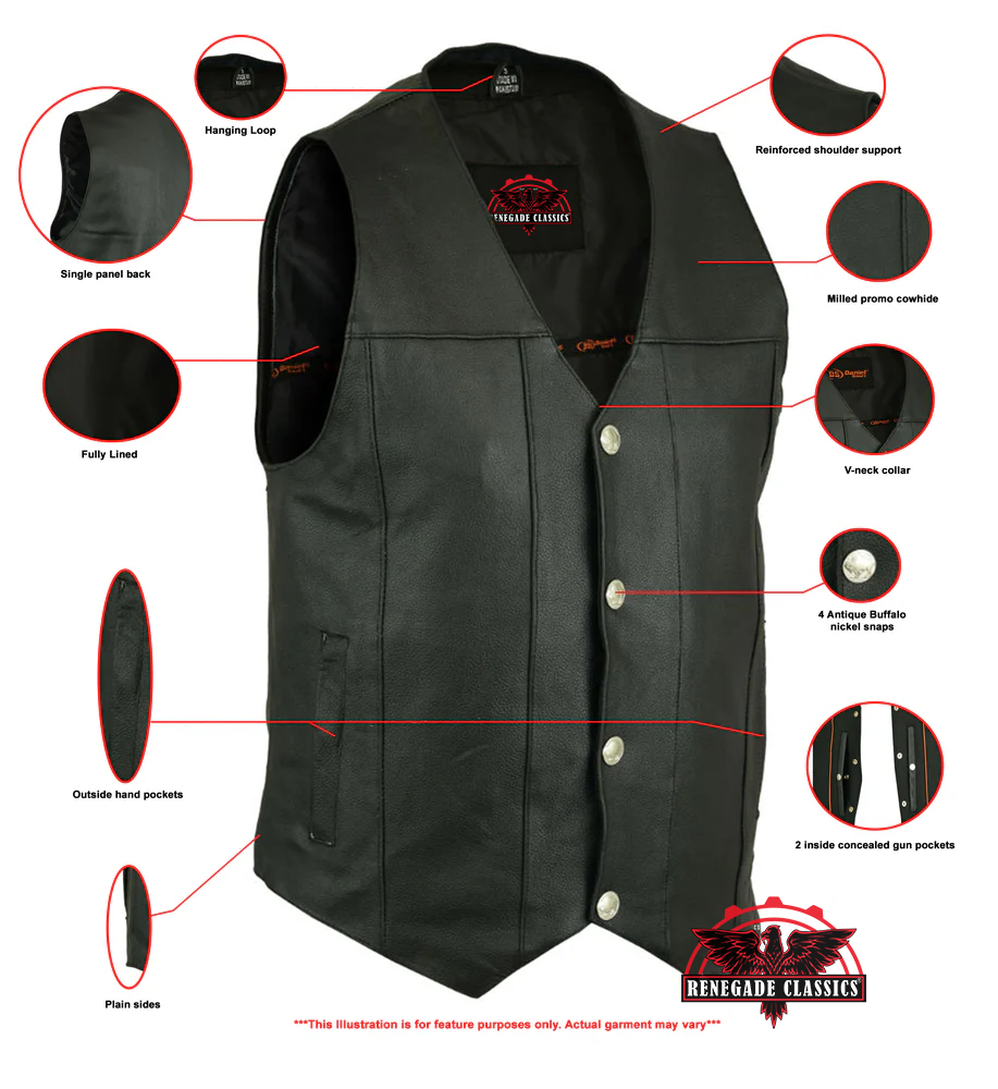 SolidRider Men's Leather Motorcycle  Vest - Black