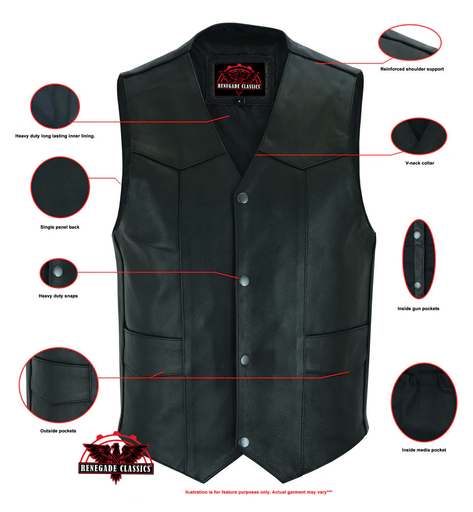 Black Stone Men's  Leather Motorcycle Vest - Black