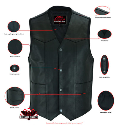 Black Stone Men's  Leather Motorcycle Vest - Black