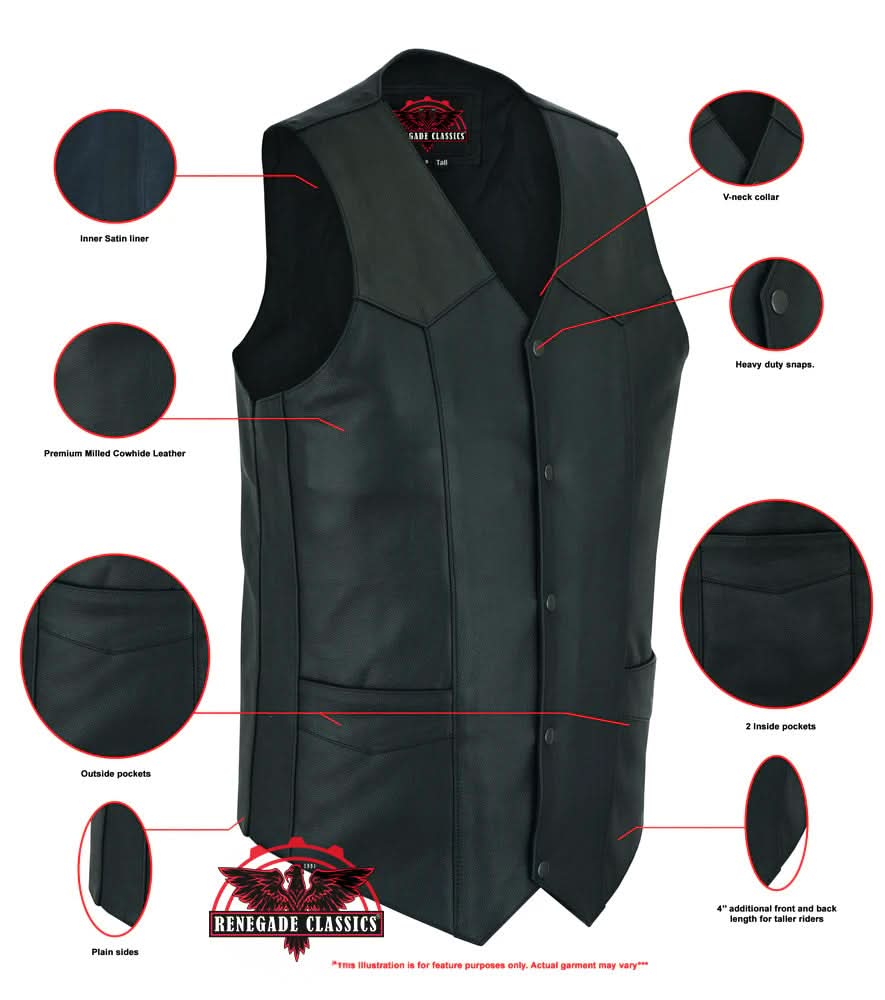 Black Hide Men's Tall  Motorcycle Leather Vest