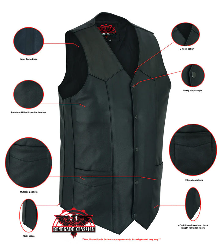 Black Hide Men's Tall  Motorcycle Leather Vest - Black