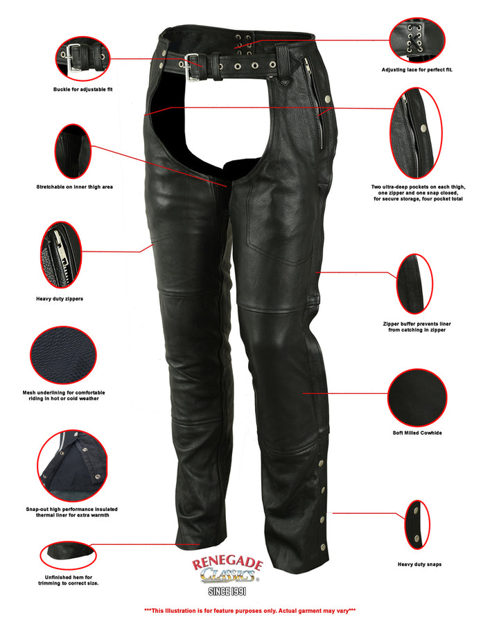 Rider Shield Black Motorcycle Leather Chaps - Black