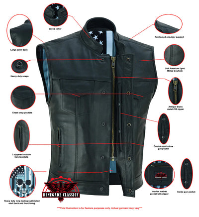 Black Rune Private Men's Black Leather Motorcycle Vest