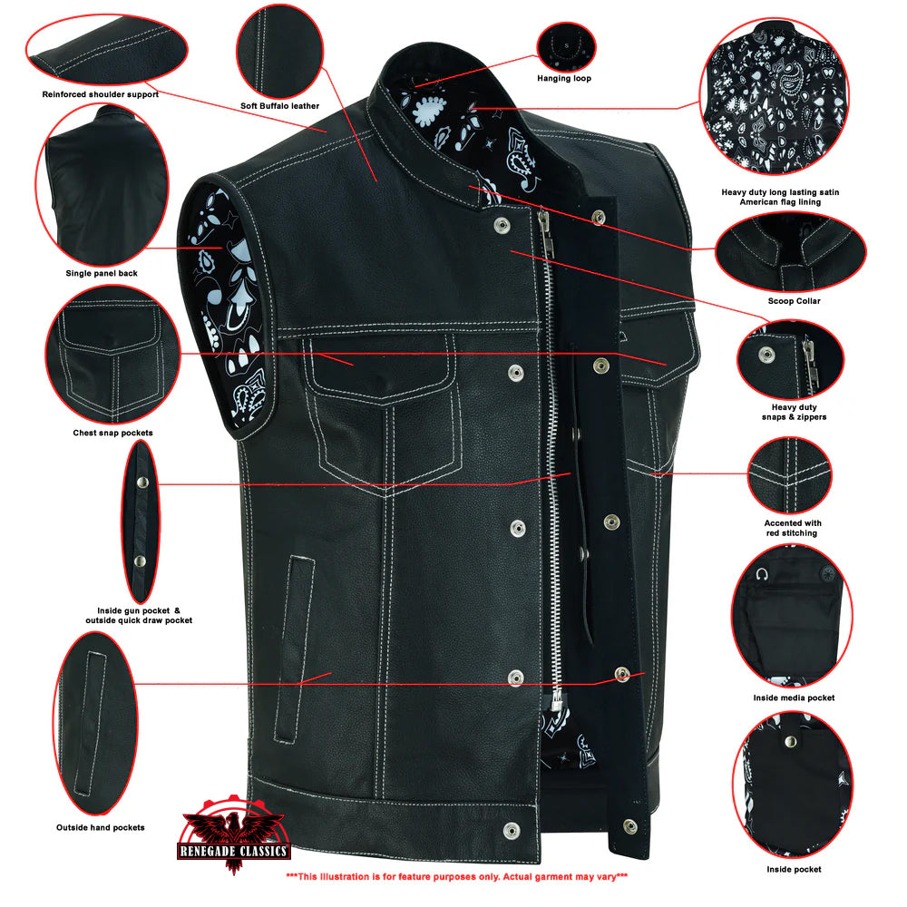 TonUp Men's Paisley Black Leather Motorcycle Vest