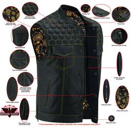 Gold Thread Black Leather Motorcycle Vest