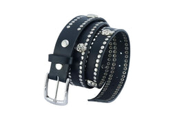 BLT Black Leather Belt with Silver Studs and Skulls Biker Accessories Renegade Classics
