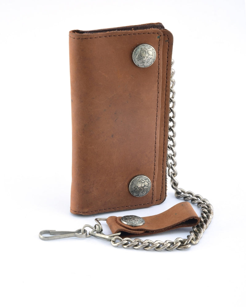 BWC231 Buffalo Nickel Snap Brown Leather Long Bi-Fold Biker Wallet Wallet Chains/Key Leash Renegade Classics
