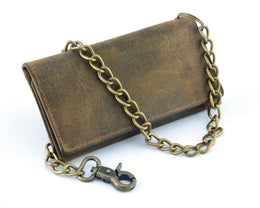 BWC233 DISTRESSED BROWN LEATHER LONG TRI-FOLD BIKER WALLET Wallet Chains/Key Leash Renegade Classics