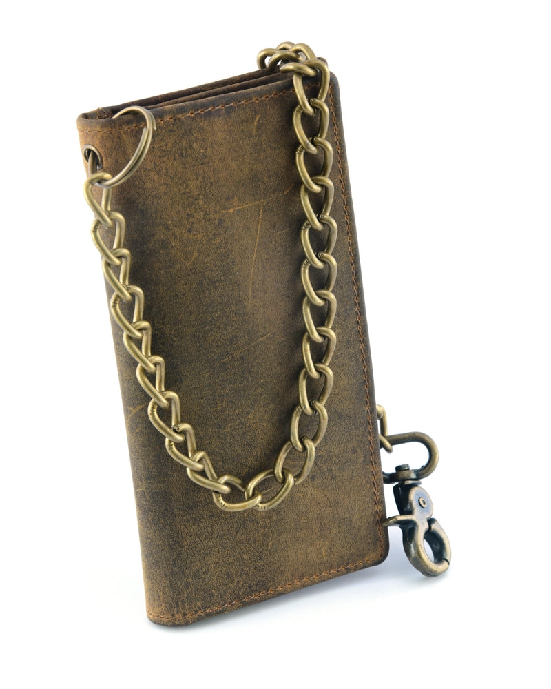 BWC233 DISTRESSED BROWN LEATHER LONG TRI-FOLD BIKER WALLET Wallet Chains/Key Leash Renegade Classics