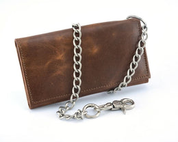 BWC234 BROWN LONG TRI-FOLD BIKER LEATHER CHAIN WALLET Wallet Chains/Key Leash Renegade Classics