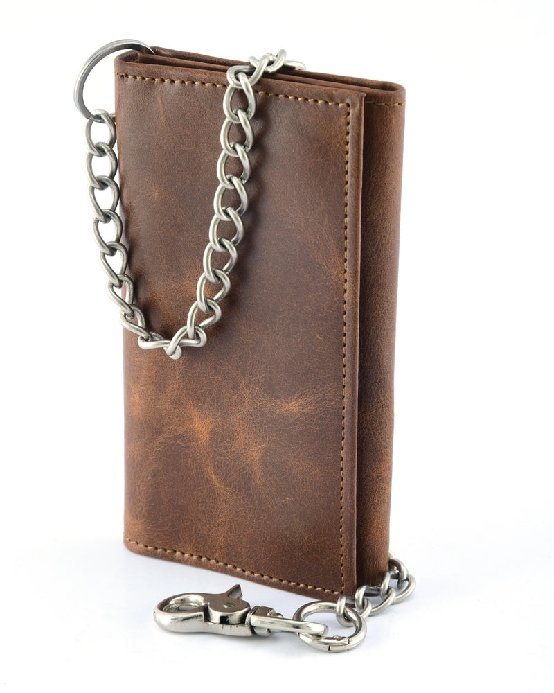 BWC234 BROWN LONG TRI-FOLD BIKER LEATHER CHAIN WALLET Wallet Chains/Key Leash Renegade Classics