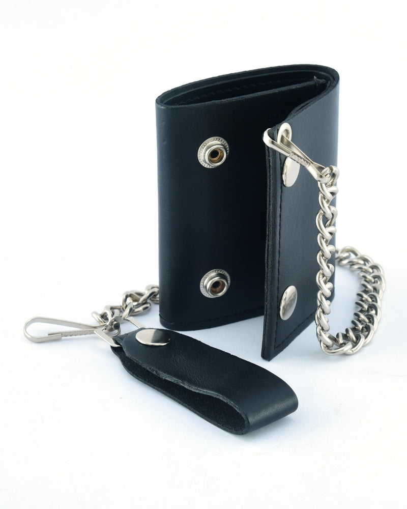 BWC235 Black Tri-Fold Genuine Leather Wallet with Chain Wallet Chains/Key Leash Renegade Classics