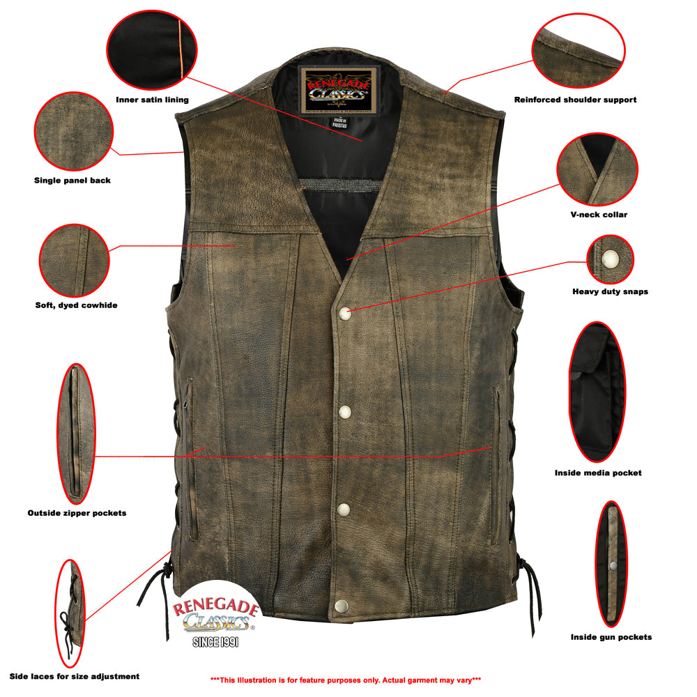 Antique Charm Men's Antique Brown Leather Motorcycle Vest Men's Leather Vests Renegade Classics
