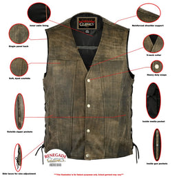 Antique Charm Men's Antique Brown Leather Motorcycle Vest Men's Leather Vests Renegade Classics