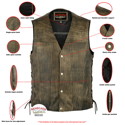 Antique Charm Men's Antique Brown Leather Motorcycle Vest Men's Leather Vests Renegade Classics