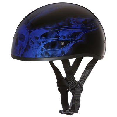 DOT Approved Daytona Motorcycle Half Face Helmet - Skull Cap Graphics for Men & Women, Scooters, ATVs, UTVs & Choppers - W/ Skull Flames Blue