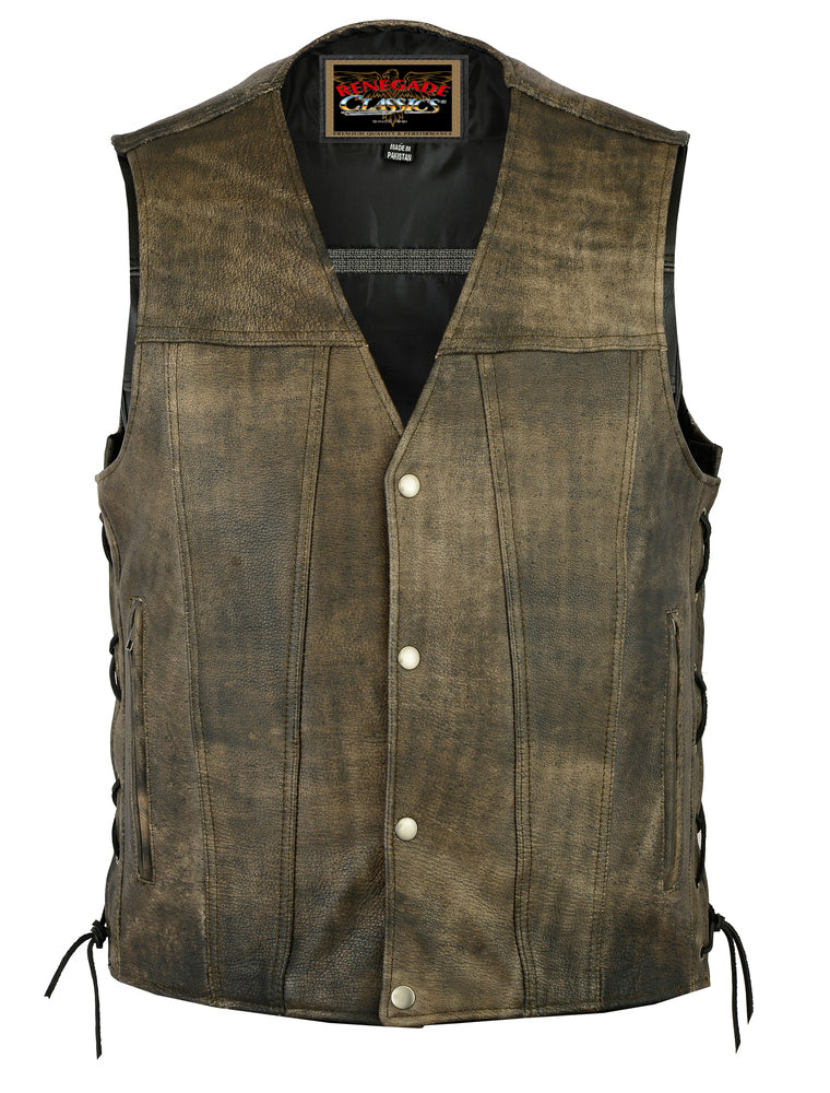 Antique Charm Men's Antique Brown Leather Motorcycle Vest Men's Leather Vests Renegade Classics