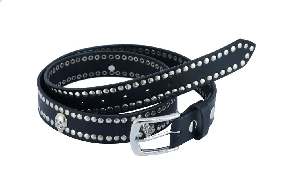 BLT Black Leather Belt with Silver Studs and Skulls Biker Accessories Renegade Classics