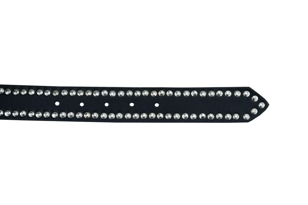 BLT Black Leather Belt with Silver Studs and Skulls Biker Accessories Renegade Classics