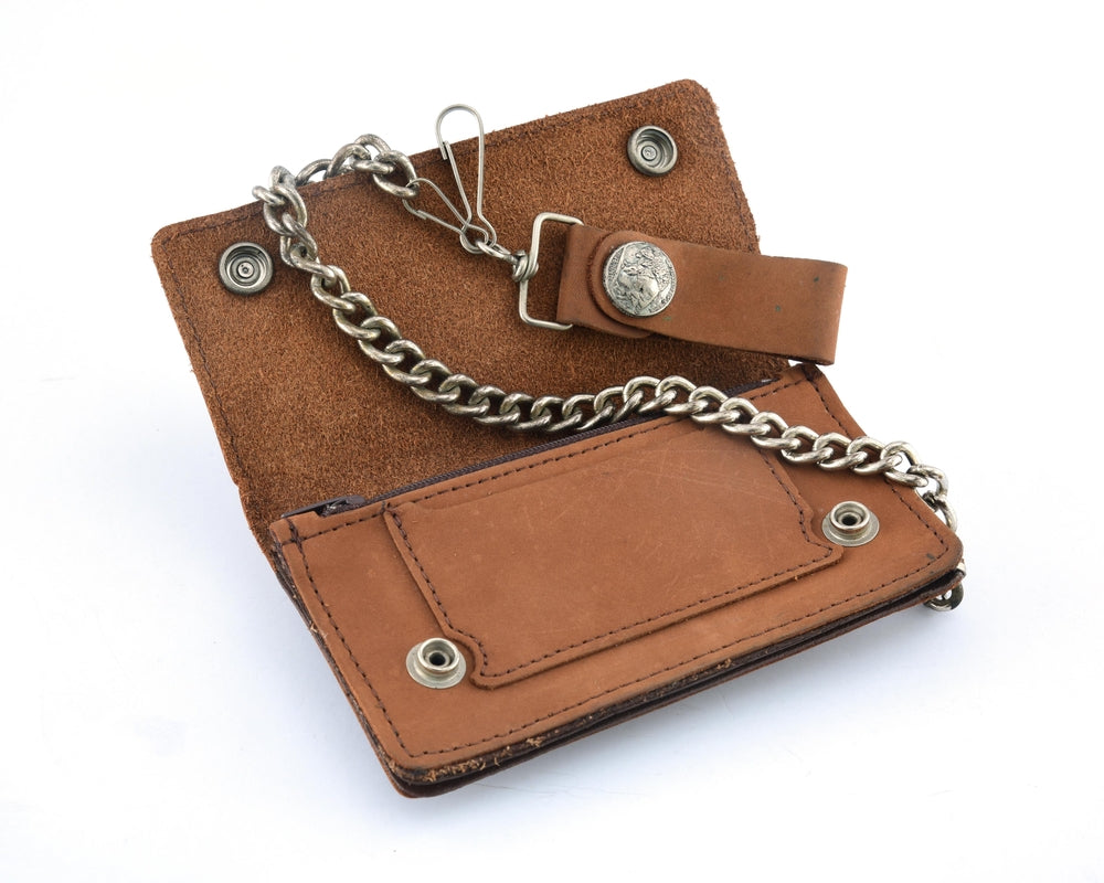 BWC231 Buffalo Nickel Snap Brown Leather Long Bi-Fold Biker Wallet Wallet Chains/Key Leash Renegade Classics