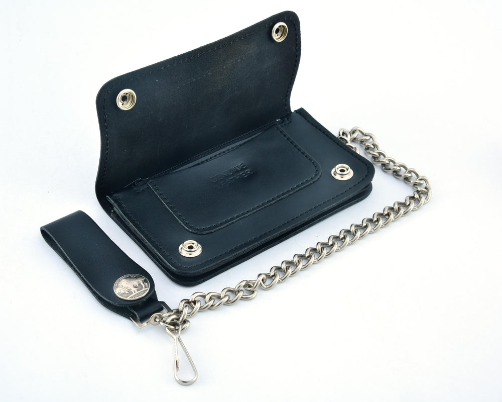 BWC232 Buffalo Nickel Snap Black Leather Long Bi-Fold Biker Wallet Wallet Chains/Key Leash Renegade Classics