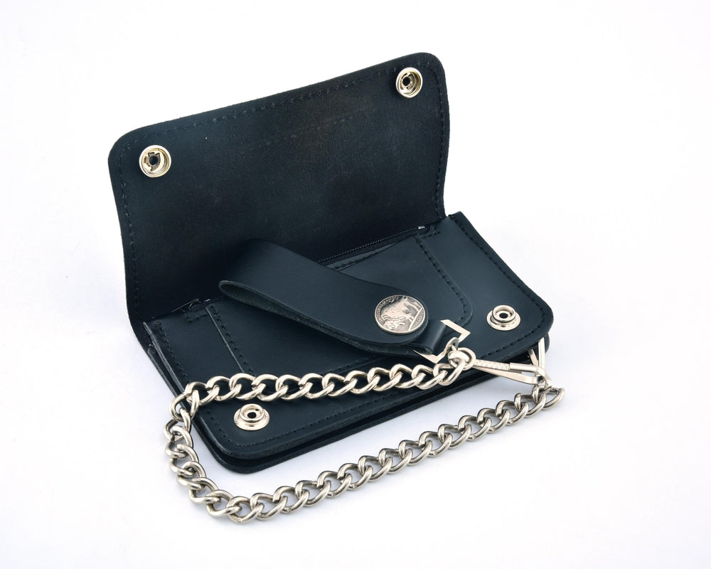 BWC232 Buffalo Nickel Snap Black Leather Long Bi-Fold Biker Wallet Wallet Chains/Key Leash Renegade Classics