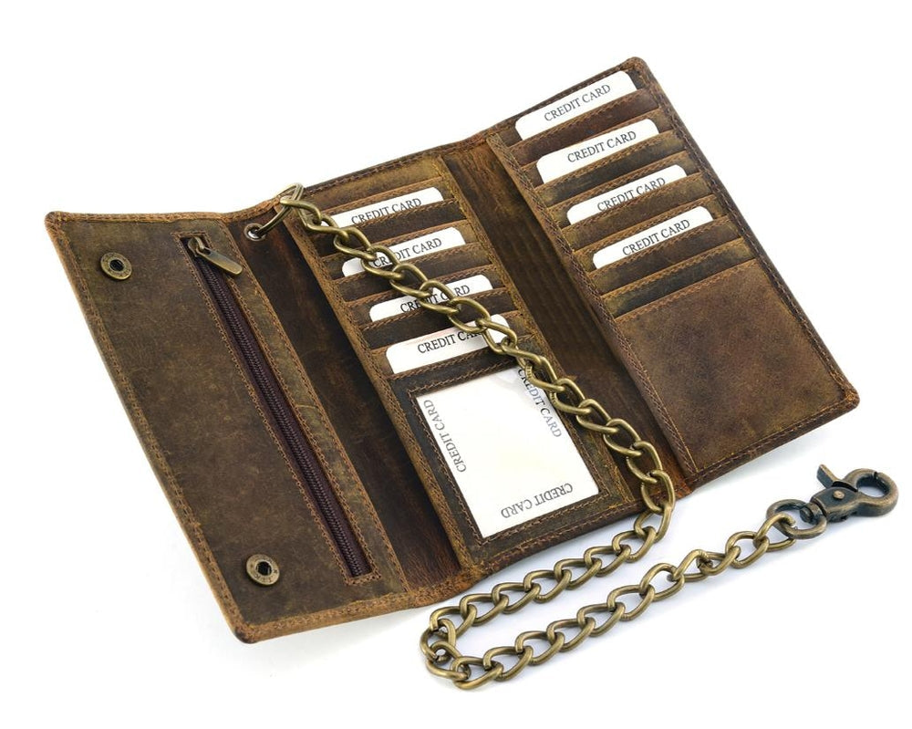 BWC233 DISTRESSED BROWN LEATHER LONG TRI-FOLD BIKER WALLET Wallet Chains/Key Leash Renegade Classics