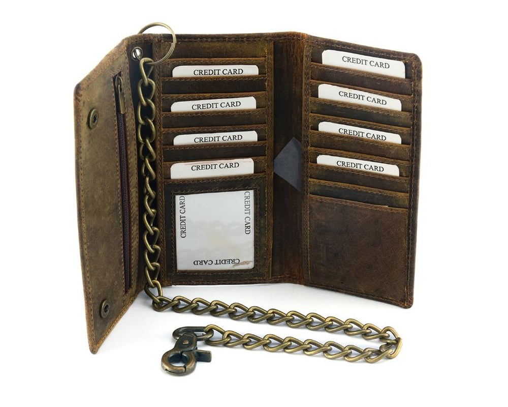 BWC233 DISTRESSED BROWN LEATHER LONG TRI-FOLD BIKER WALLET Wallet Chains/Key Leash Renegade Classics