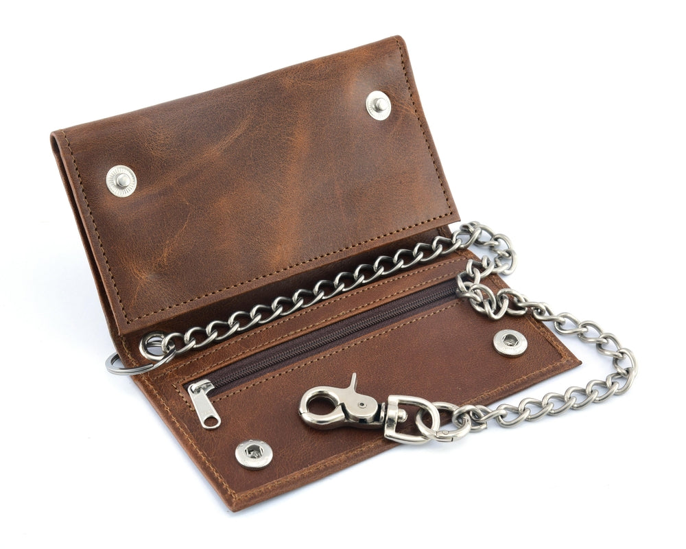 BWC234 BROWN LONG TRI-FOLD BIKER LEATHER CHAIN WALLET Wallet Chains/Key Leash Renegade Classics