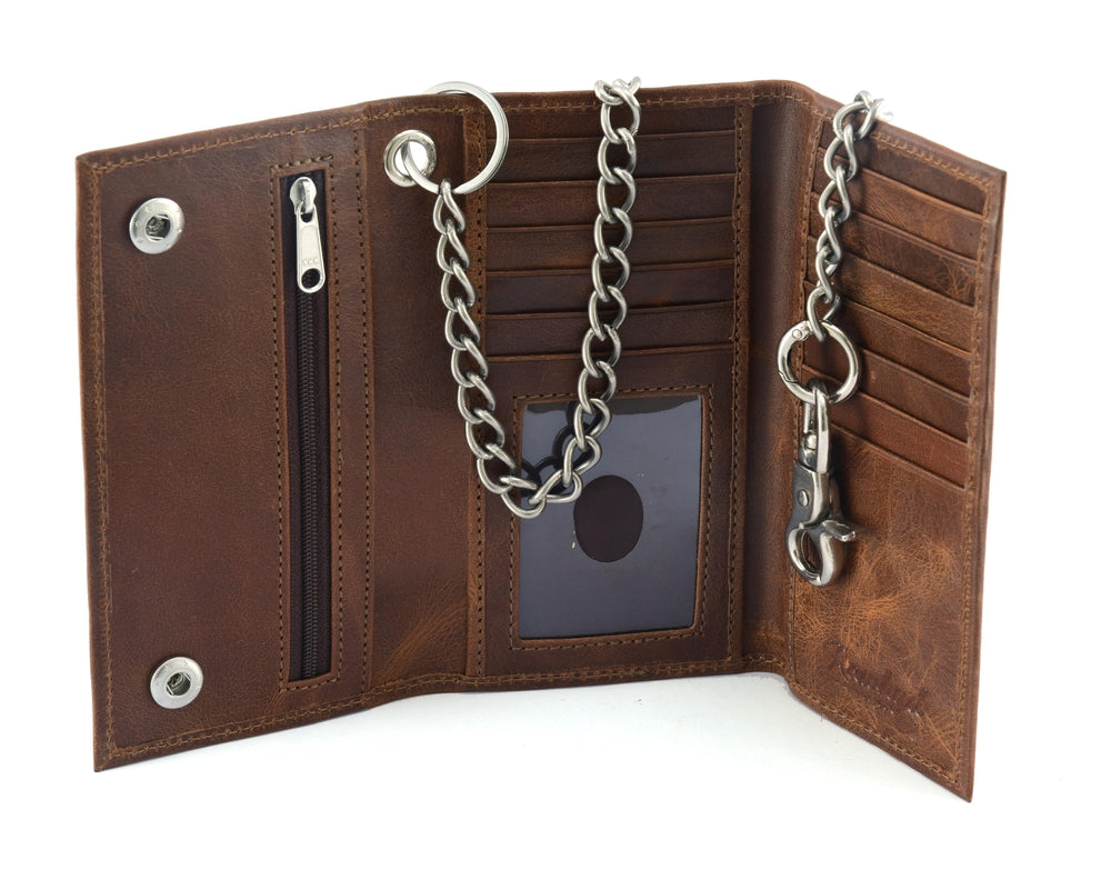 BWC234 BROWN LONG TRI-FOLD BIKER LEATHER CHAIN WALLET Wallet Chains/Key Leash Renegade Classics