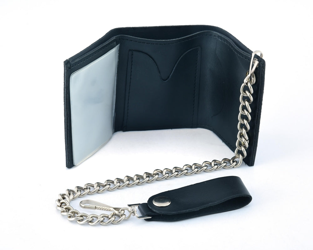 BWC235 Black Tri-Fold Genuine Leather Wallet with Chain Wallet Chains/Key Leash Renegade Classics