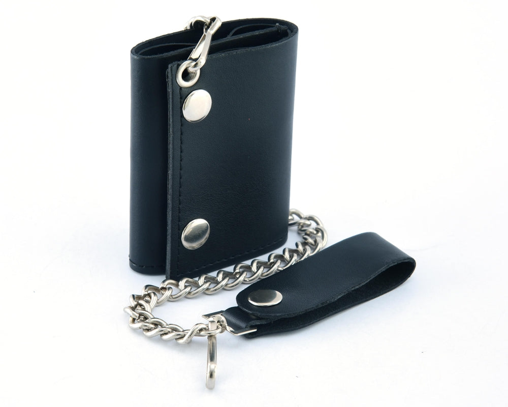 BWC235 Black Tri-Fold Genuine Leather Wallet with Chain Wallet Chains/Key Leash Renegade Classics