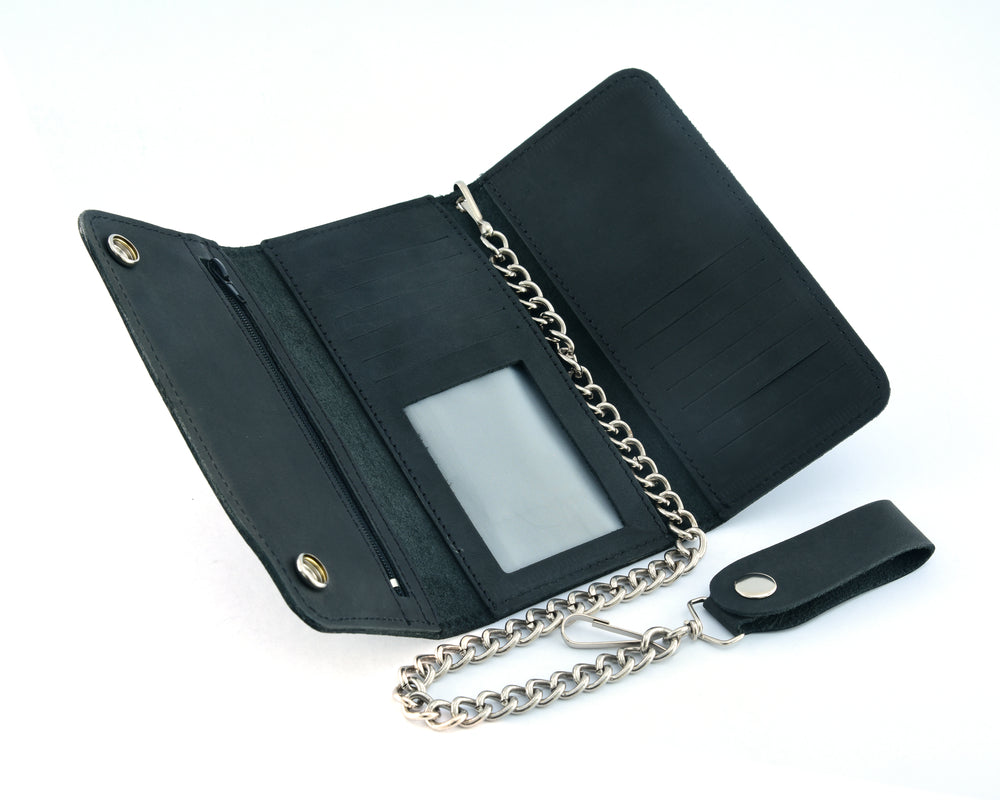 BWC238 Matte Black Biker Leather Wallet with Chain Wallet Chains/Key Leash Renegade Classics