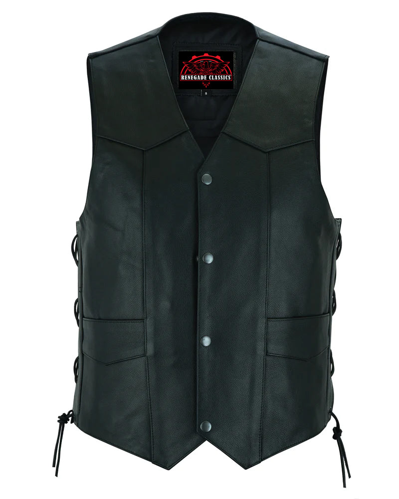 ThunderLace Men's Leather Biker Vest- Black