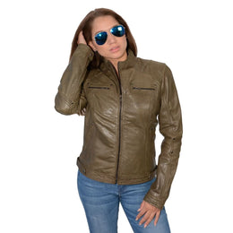 Milwaukee Leather SFL2800 Women's Racer Olive Stand-up Collar Motorcycle Fashion Leather Jacket