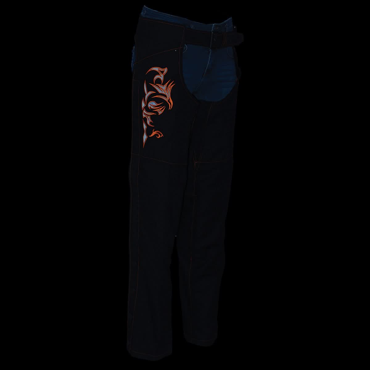 Milwaukee Leather SH1182 Women's Black with Orange Textile Motorcycle Riding Chaps with Tribal Embroidery