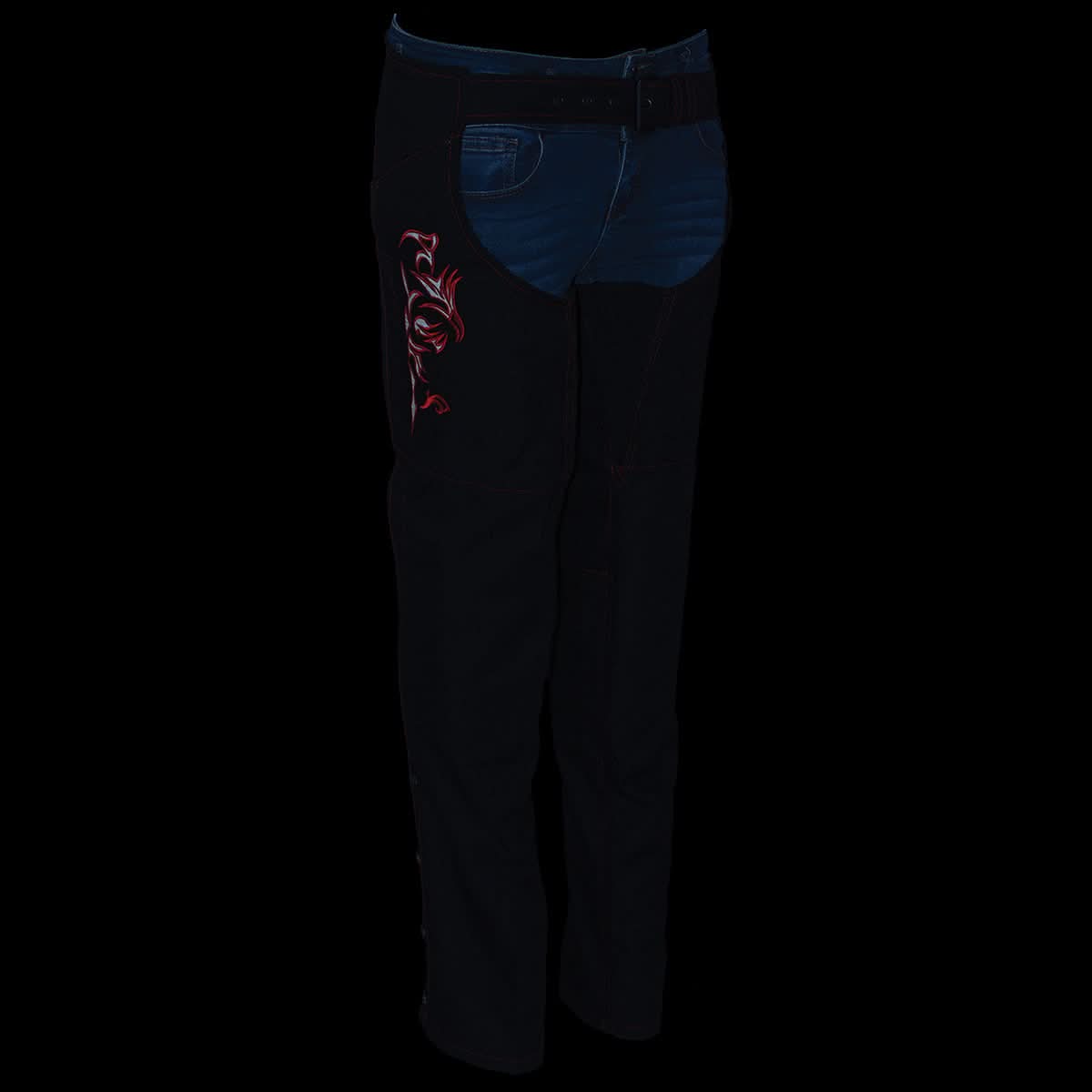 Milwaukee Leather SH1182 Women's Black with Red Textile Motorcycle Riding Chaps with Tribal Embroidery