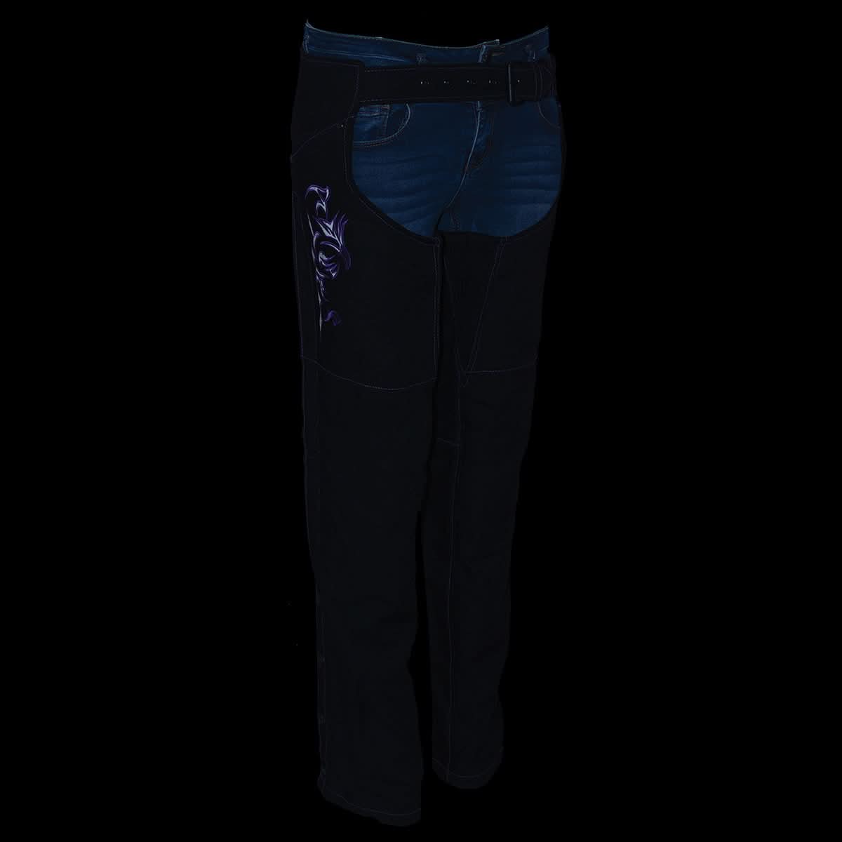 Milwaukee Leather SH1182 Women's Black with Purple Textile Motorcycle Riding Chaps with Tribal Embroidery