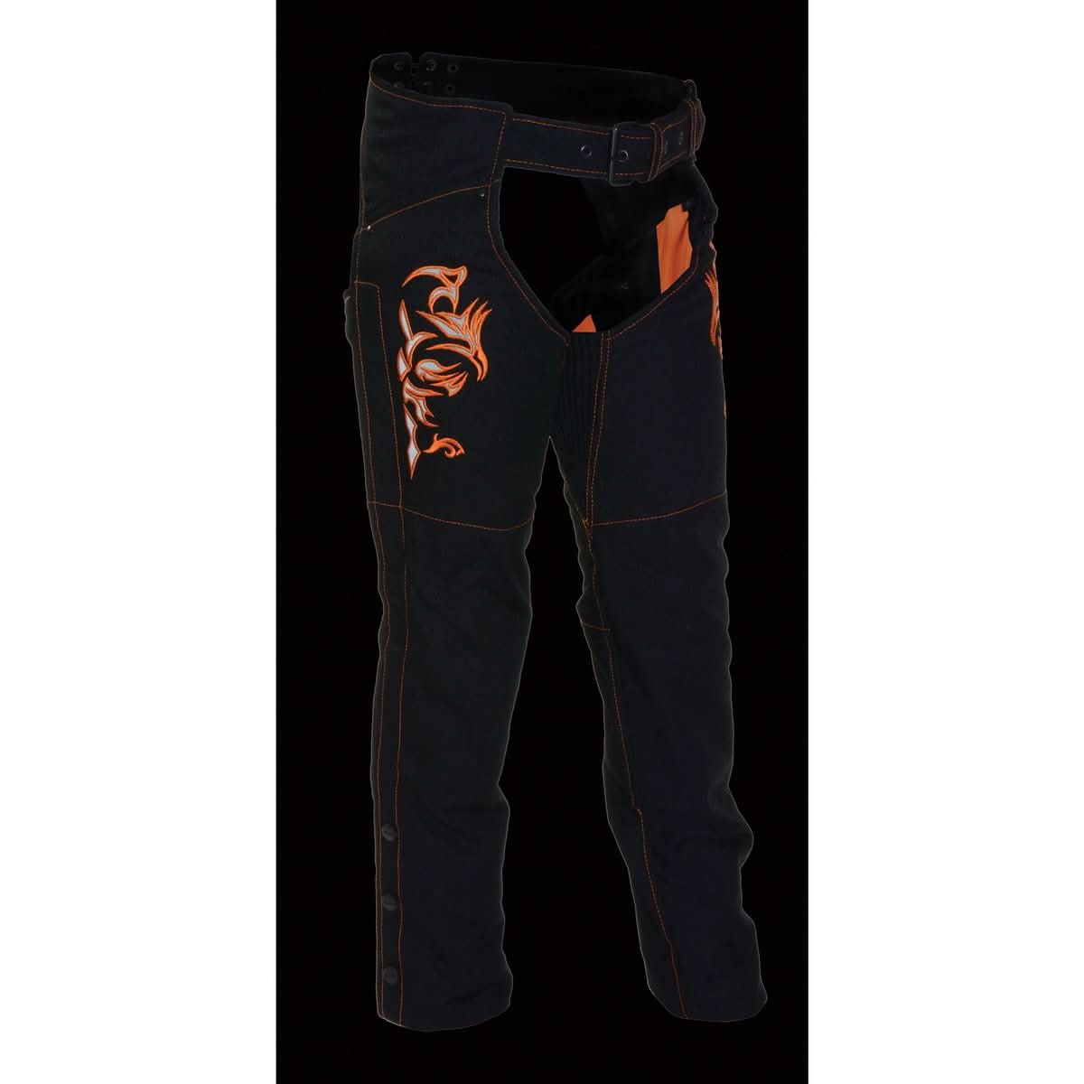 Milwaukee Leather SH1182 Women's Black with Orange Textile Motorcycle Riding Chaps with Tribal Embroidery