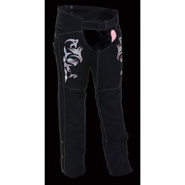 Milwaukee Leather SH1182 Women's Black with Pink Textile Motorcycle Riding Chaps with Tribal Embroidery