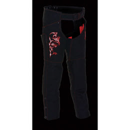 Milwaukee Leather SH1182 Women's Black with Red Textile Motorcycle Riding Chaps with Tribal Embroidery