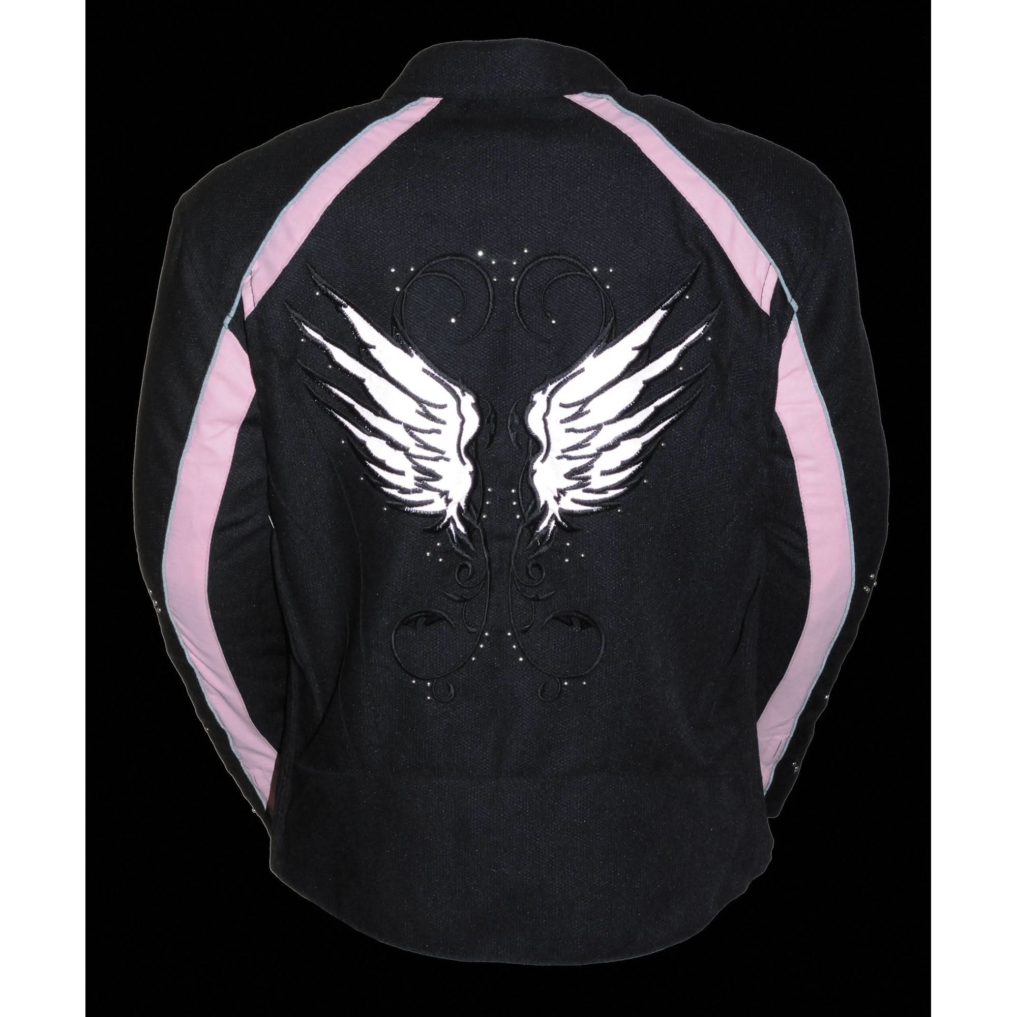 Milwaukee Leather SH1954 Women's Black and Pink Textile Jacket with Stud and Wings Detailing