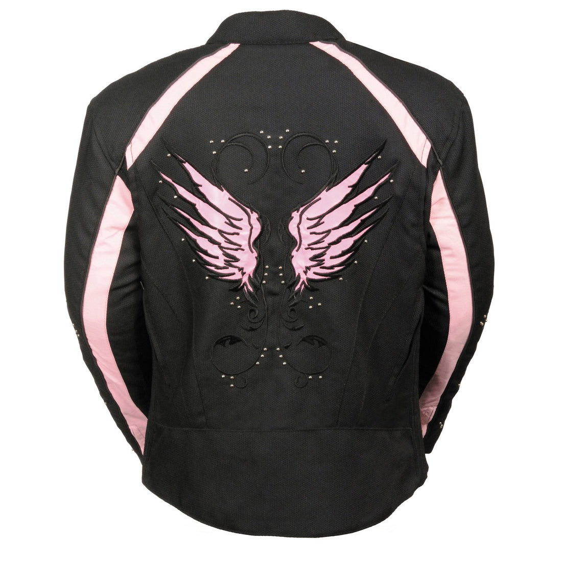 Milwaukee Leather SH1954 Women's Black and Pink Textile Jacket with Stud and Wings Detailing