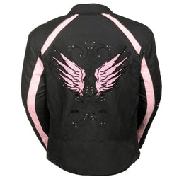 Milwaukee Leather SH1954 Women's Black and Pink Textile Jacket with Stud and Wings Detailing