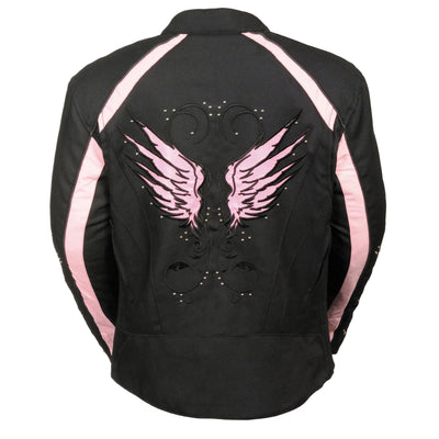 Milwaukee Leather SH1954 Women's Black and Pink Textile Jacket with Stud and Wings Detailing