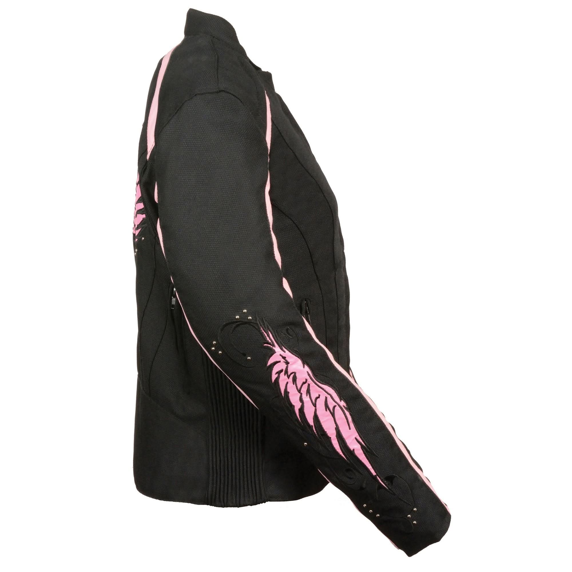 Milwaukee Leather SH1954 Women's Black and Pink Textile Jacket with Stud and Wings Detailing