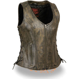 Milwaukee Leather Women's Distress Brown Leather V-Neck Motorcycle Rider Vest with Side Lace MLL4531