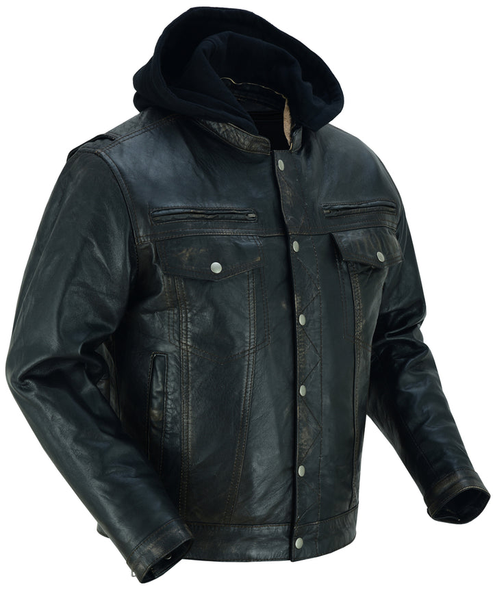 DS Men's Black Lightweight Drum Dyed  Distressed Lambskin Jacket with Removable Hoodie